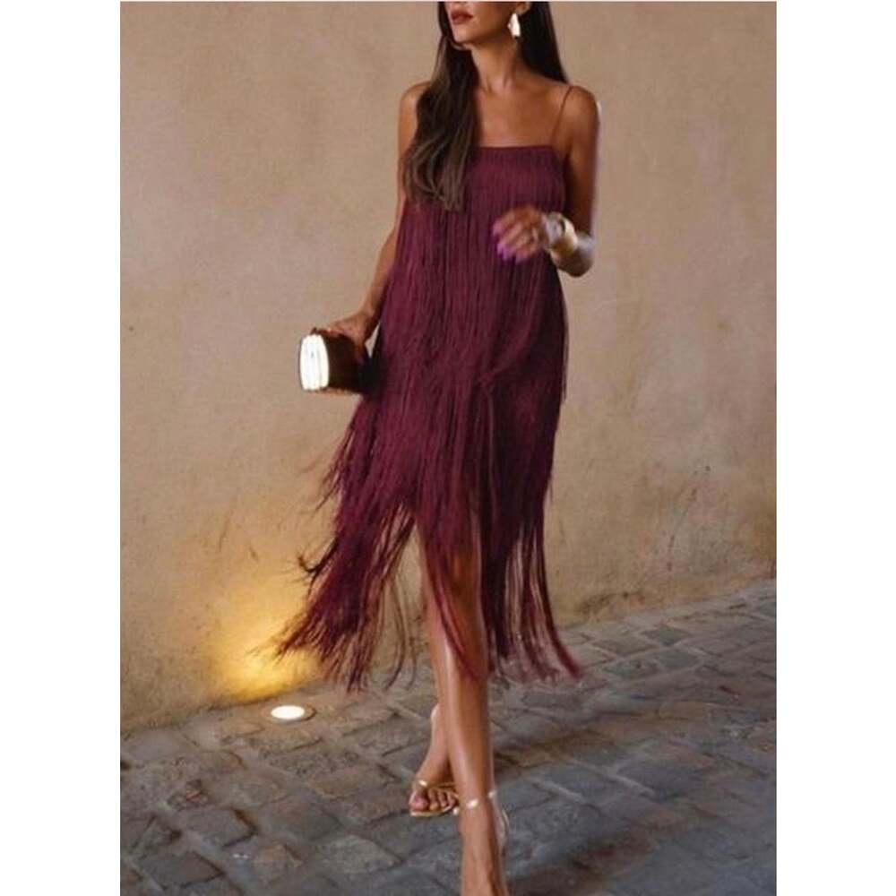 COMMENSE Florence Fringed Open Back Mini Dress S Burgundy Tassel Party